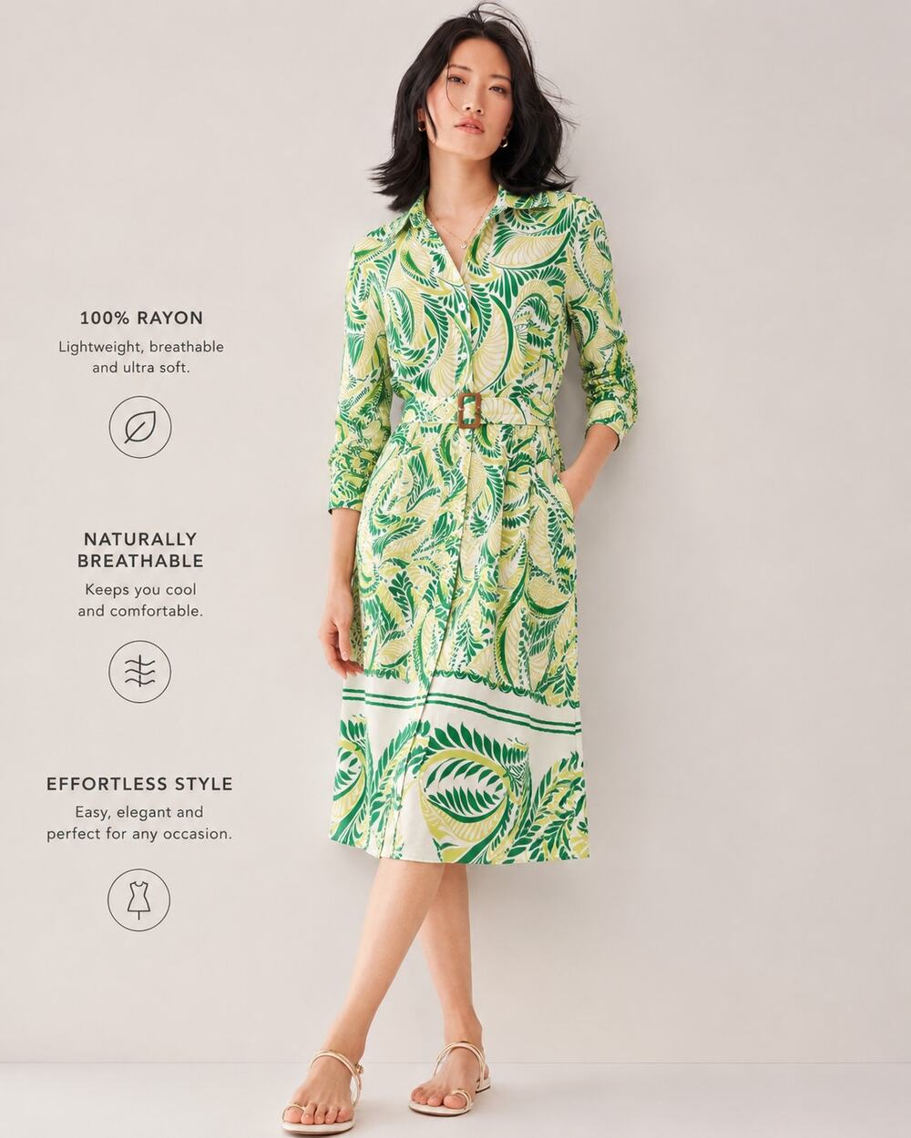 Fig + Flower Tropical Leaf Print Shirt Dress Belted Size M Green Resort Wear